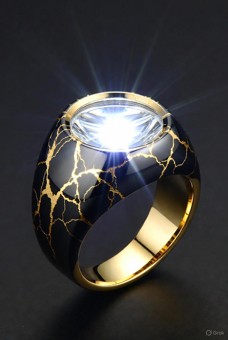 Light Ringz AI concept — black kintsugi ring with blazing diamond center