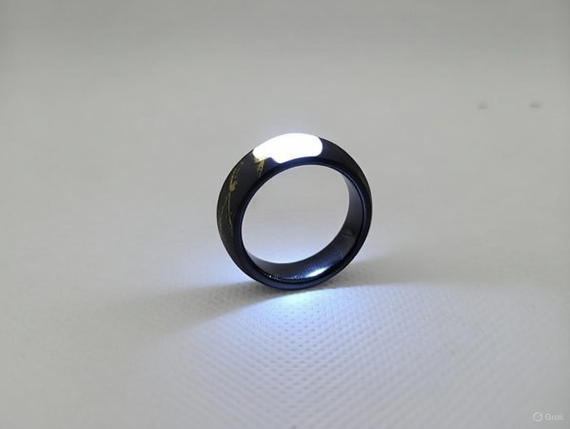 Light Ringz AI concept — black ring standing upright glowing underneath