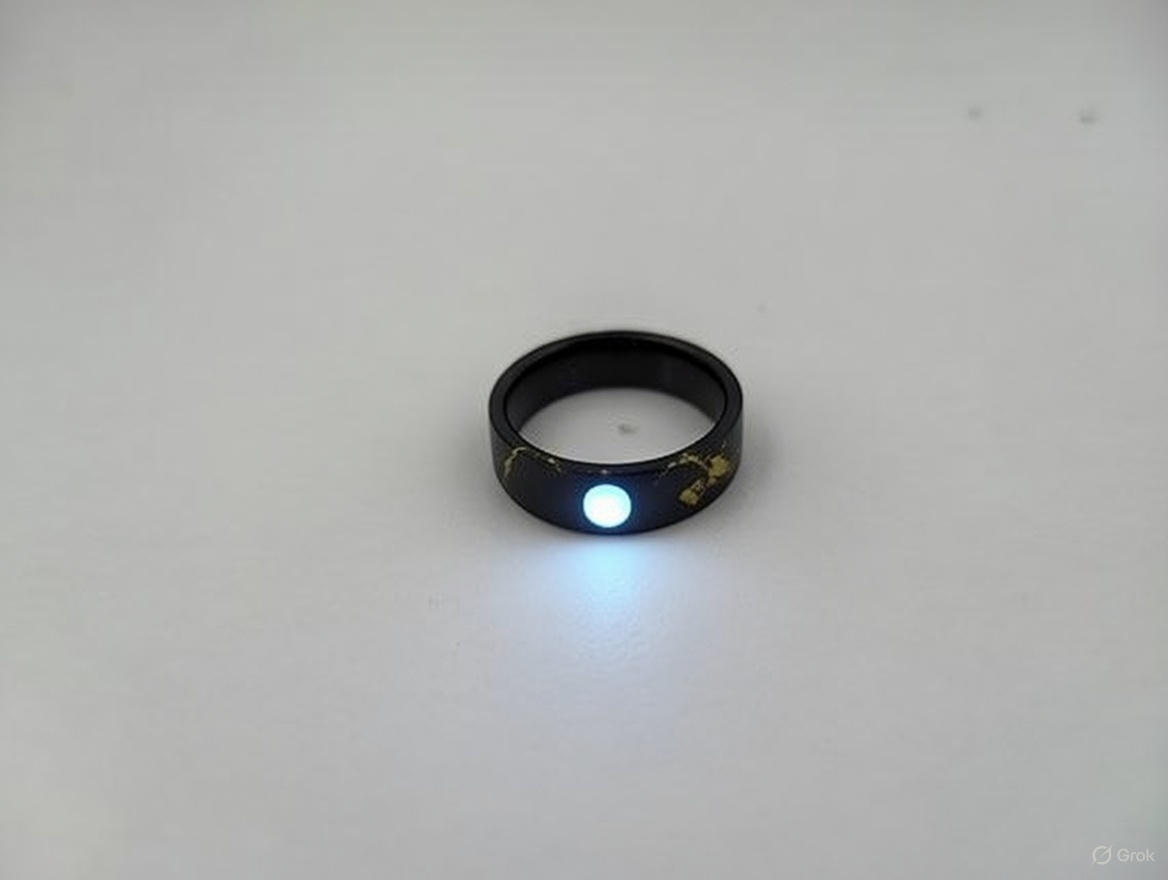 Light Ringz AI concept — black kintsugi ring with blue LED glow