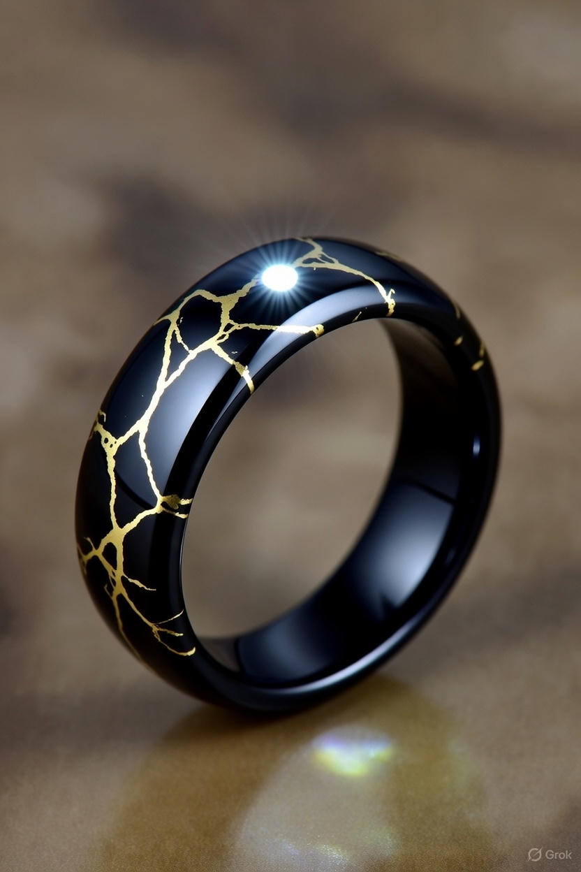 Light Ringz AI concept — black and gold kintsugi band glowing