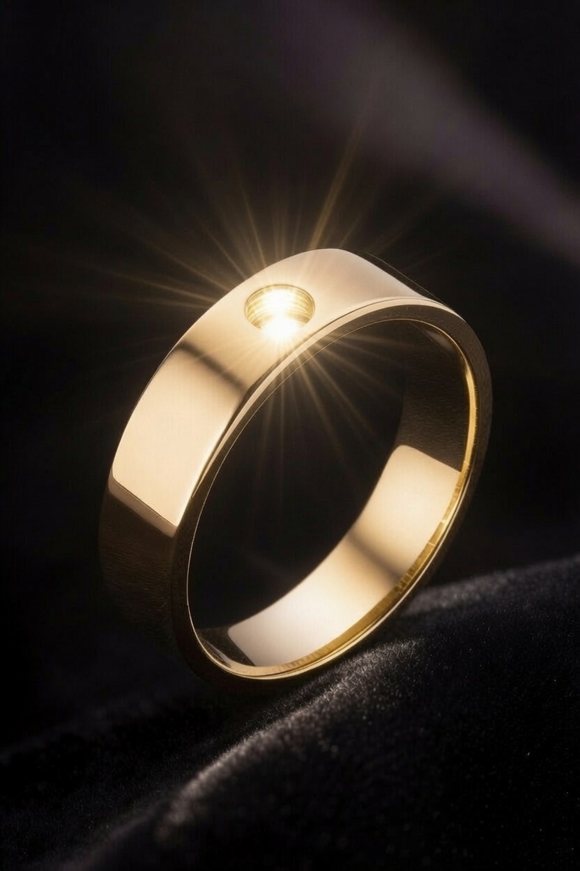Light Ringz AI concept — polished gold band with starburst light rays